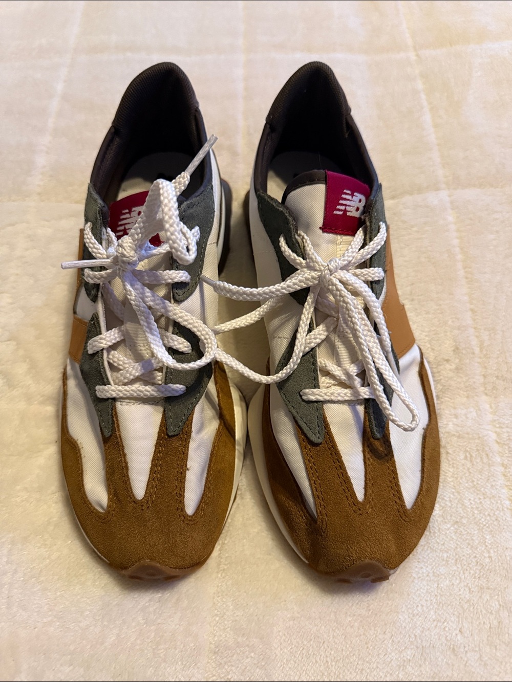 New Balance White, Brown & Gray Retro Runner with red Tongue Tab